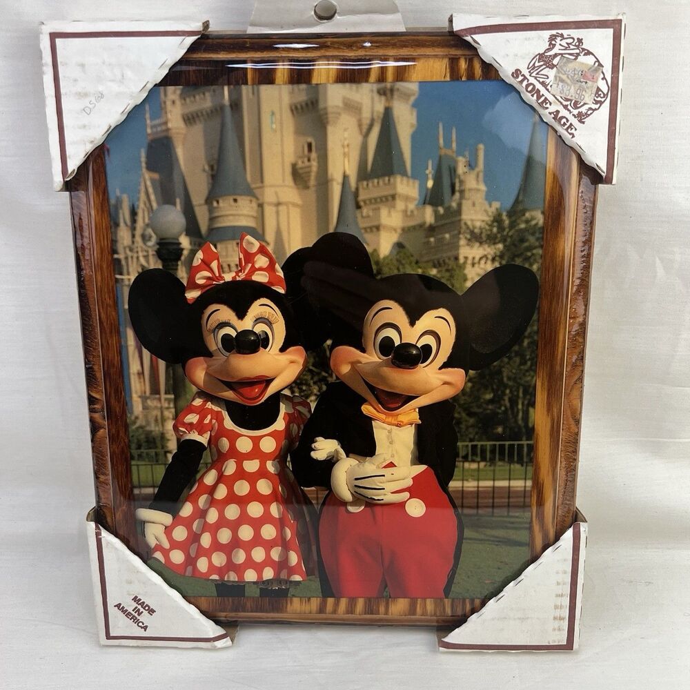 NEW Vtg 80S Disney Mickey Minnie‎ Mouse Photograph Varnished Laminate Wood 10x12